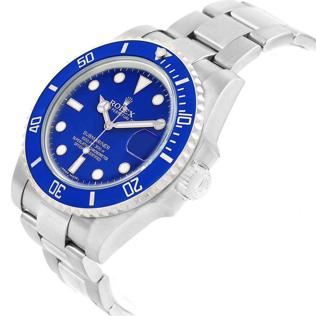 The image shows a Rolex Submariner 116619 Men's White Gold Blue Dial 116619 Men's White Gold Blue Dial watch from a three-quarter angle, displaying the dial, bezel, crown, and part of the bracelet.
