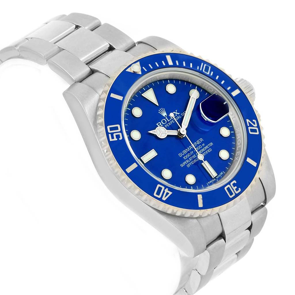 The image shows a side angle view of a Rolex Submariner 116619 Men's White Gold Blue Dial 116619 Men's White Gold Blue Dial watch, highlighting the blue dial, bezel, and stainless steel bracelet.
