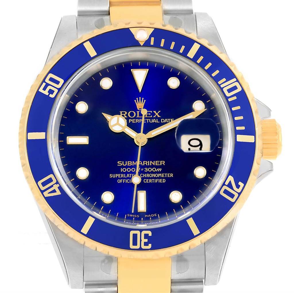 This image shows a front view of the blue dial and bezel of a Rolex Submariner 16613 Men's Steel and Gold (two tone) Blue Dial 16613 Men's Steel and Gold (two tone) Blue Dial watch.