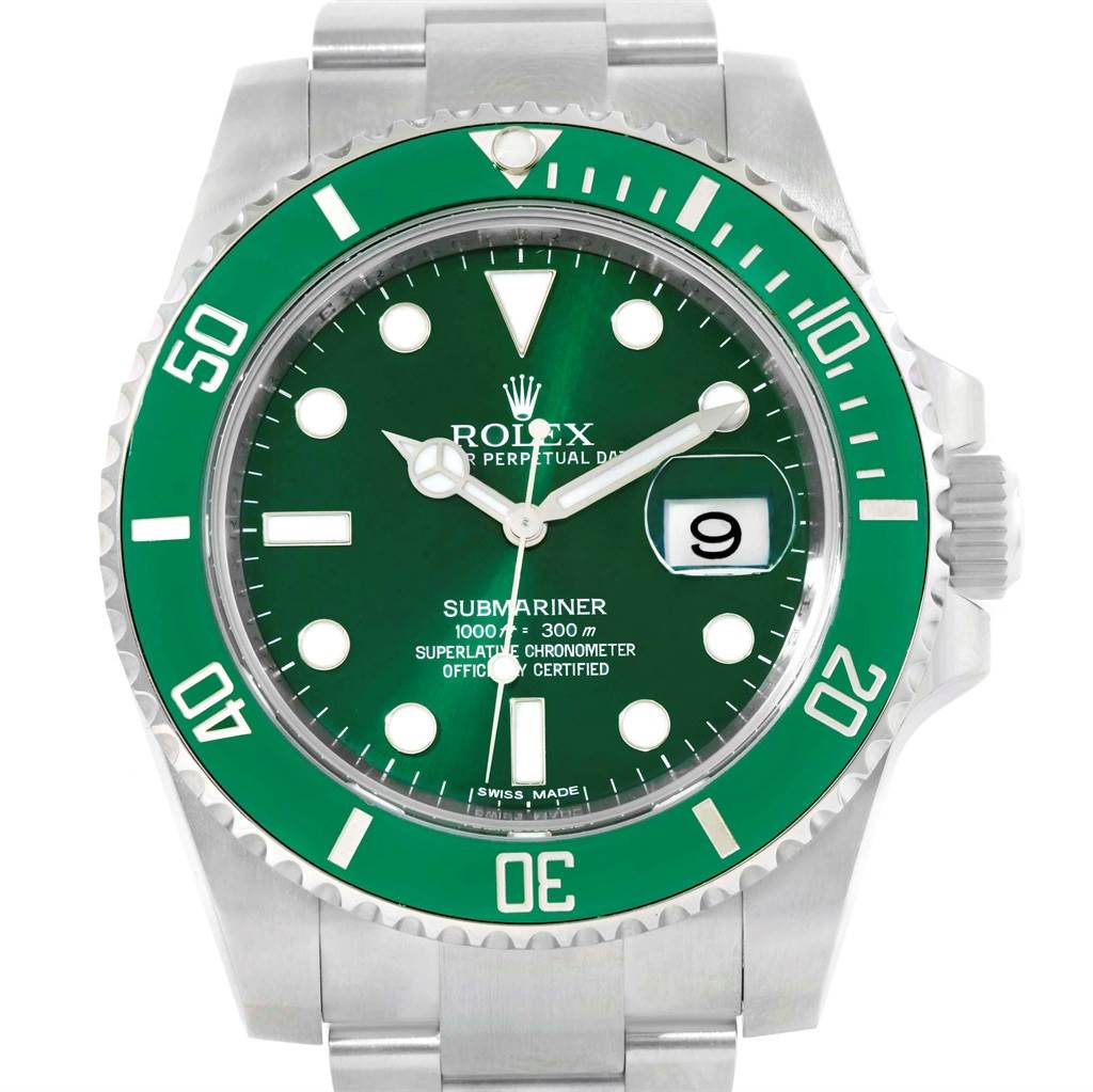 This image shows a front view of a Rolex Submariner 116610LV Men's Stainless Steel Green Dial 116610LV Men's Stainless Steel Green Dial watch with a green dial and bezel, showcasing various details such as the date window and markers.