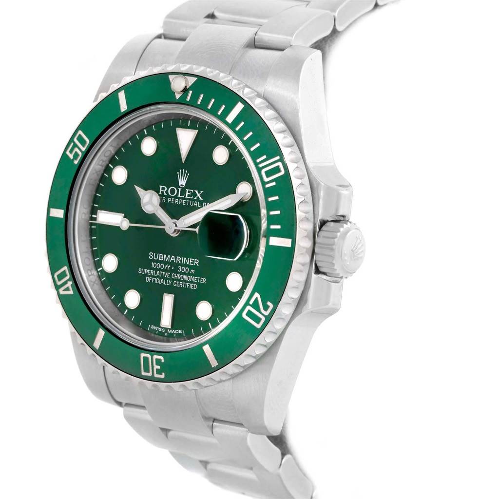 This image shows a Rolex Submariner 116610LV Men's Stainless Steel Green Dial 116610LV Men's Stainless Steel Green Dial watch at a slight right-side angle, showcasing the bezel, dial, and part of the bracelet.