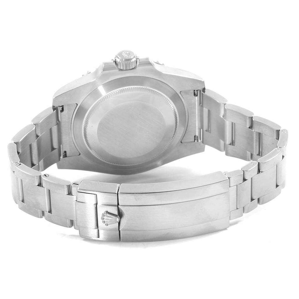 The image displays the back view of a Rolex Submariner 116610LV Men's Stainless Steel Green Dial 116610LV Men's Stainless Steel Green Dial watch, showcasing the case back, bracelet, and clasp.