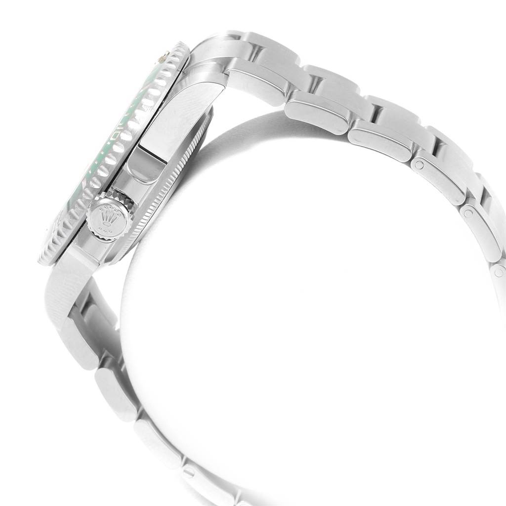 The image shows a side view of the Rolex Submariner 116610LV Men's Stainless Steel Green Dial 116610LV Men's Stainless Steel Green Dial, highlighting the crown, bezel, and a part of the bracelet.