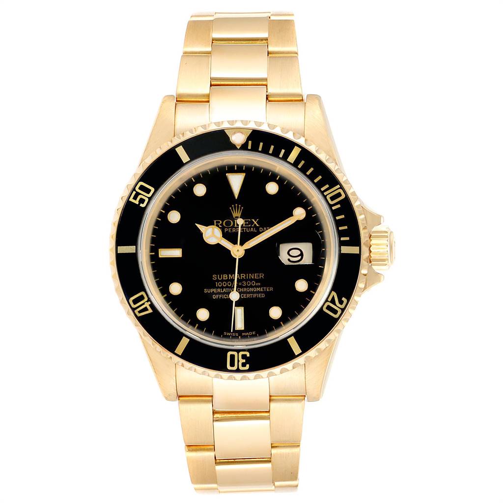 The image shows a frontal view of a Rolex Submariner 16618 Men's Yellow Gold Black Dial 16618 Men's Yellow Gold Black Dial watch, displaying its dial, bezel, and bracelet.