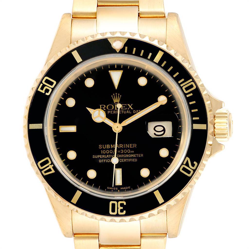 The image shows a gold Rolex Submariner 16618 Men's Yellow Gold Black Dial 16618 Men's Yellow Gold Black Dial watch with a black dial and bezel, viewed directly from the front.