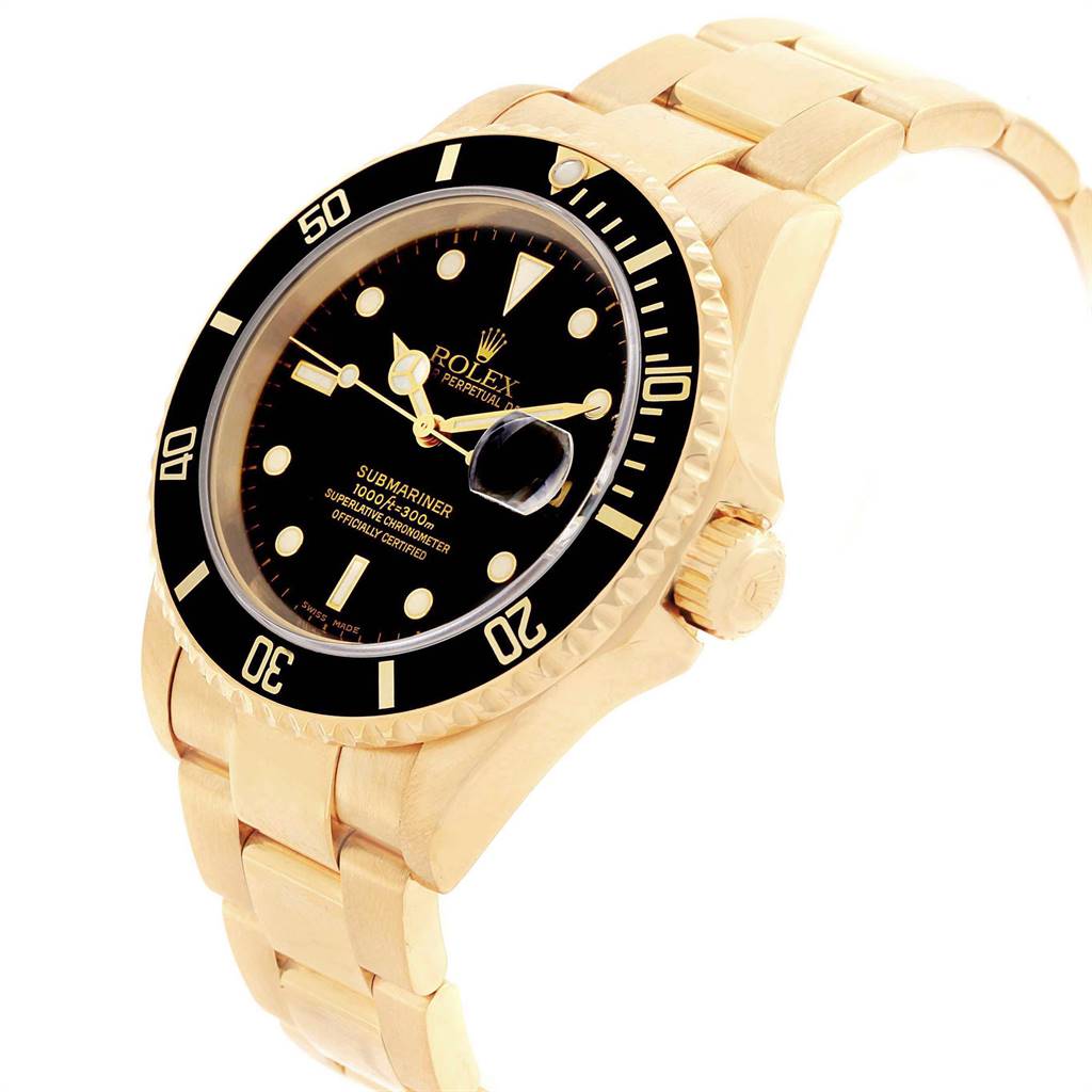 The image shows a Rolex Submariner 16618 Men's Yellow Gold Black Dial 16618 Men's Yellow Gold Black Dial watch at a slight angle, highlighting its gold bracelet, bezel, and black dial.