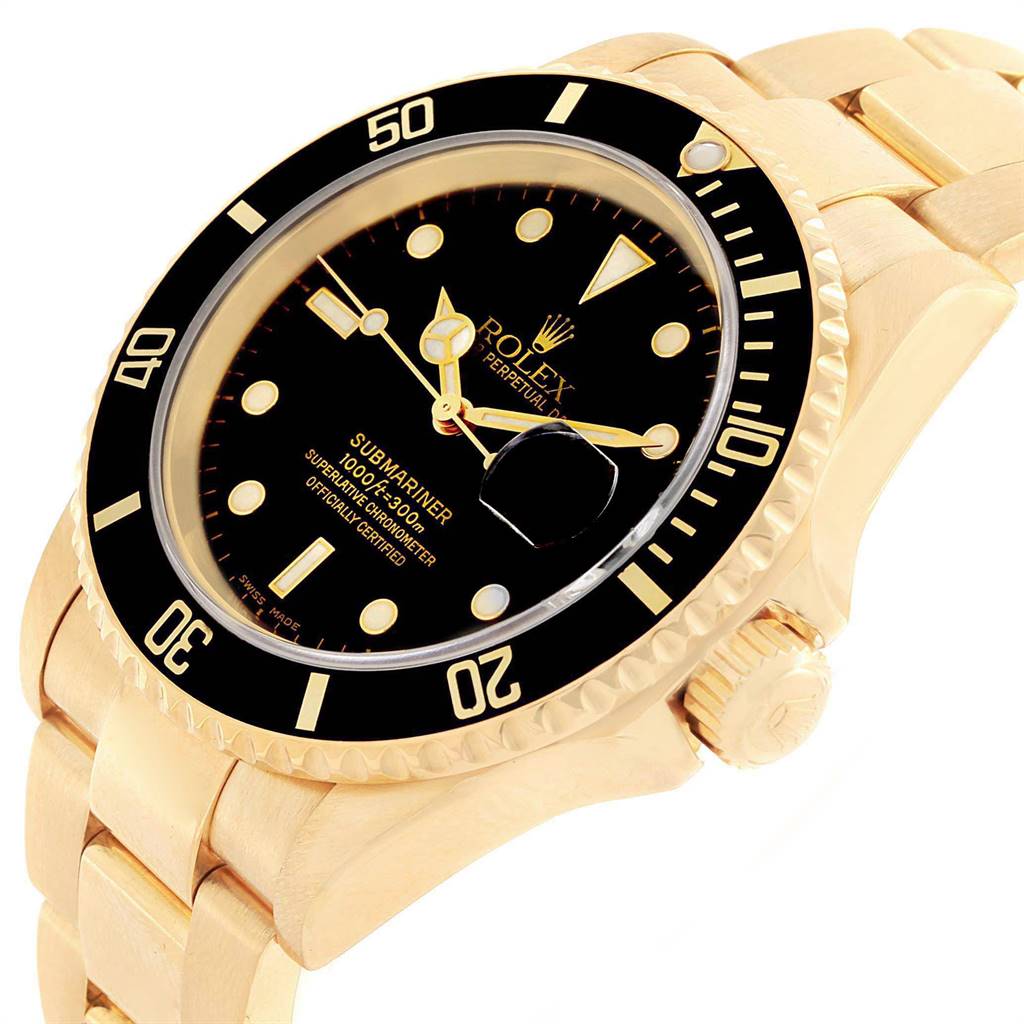 The image shows a Rolex Submariner 16618 Men's Yellow Gold Black Dial 16618 Men's Yellow Gold Black Dial watch angled from a three-quarter perspective, highlighting the face, bezel, and part of the bracelet.