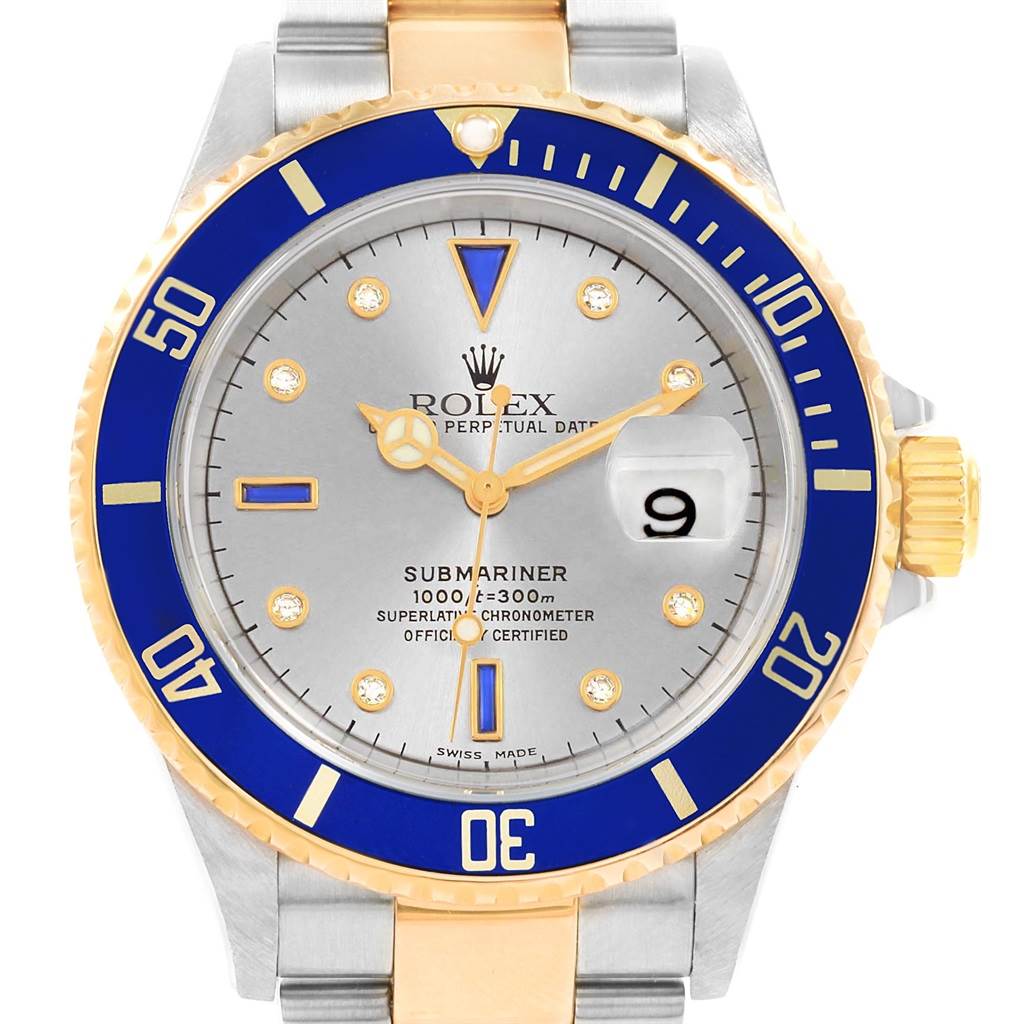 The image shows a front view of a Rolex Submariner 16613 Men's Steel and Gold (two tone) Grey Dial 16613 Men's Steel and Gold (two tone) Grey Dial watch, focusing on the dial, bezel, and part of the bracelet.