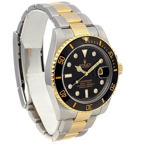 The image shows a Rolex Submariner 116613 Men's Yellow Gold Black Dial 116613 Men's Yellow Gold Black Dial watch at a three-quarter angle, displaying the bezel, dial, case, and bracelet.