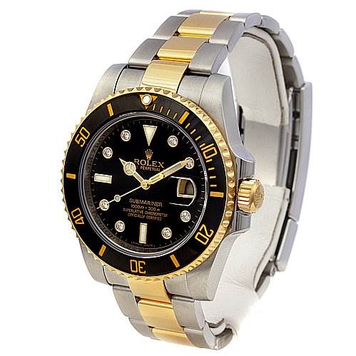 The image shows a Rolex Submariner 116613 Men's Yellow Gold Black Dial 116613 Men's Yellow Gold Black Dial watch with a gold and silver bracelet, black dial, and gold bezel, viewed from a front-right angle.