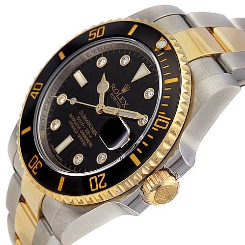 The image shows a side angle of the Rolex Submariner 116613 Men's Yellow Gold Black Dial 116613 Men's Yellow Gold Black Dial, highlighting the bezel, crown, and part of the bracelet.