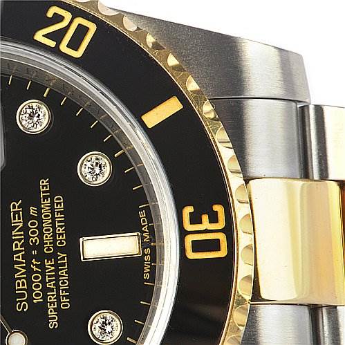 The image shows a close-up angle of the Rolex Submariner 116613 Men's Yellow Gold Black Dial 116613 Men's Yellow Gold Black Dial watch, highlighting the bezel, part of the dial, and the bracelet.