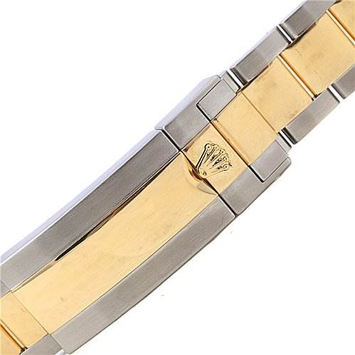 The image shows a close-up view of the clasp and links of a Rolex Submariner 116613 Men's Yellow Gold Black Dial 116613 Men's Yellow Gold Black Dial watch bracelet, featuring two-tone metal.