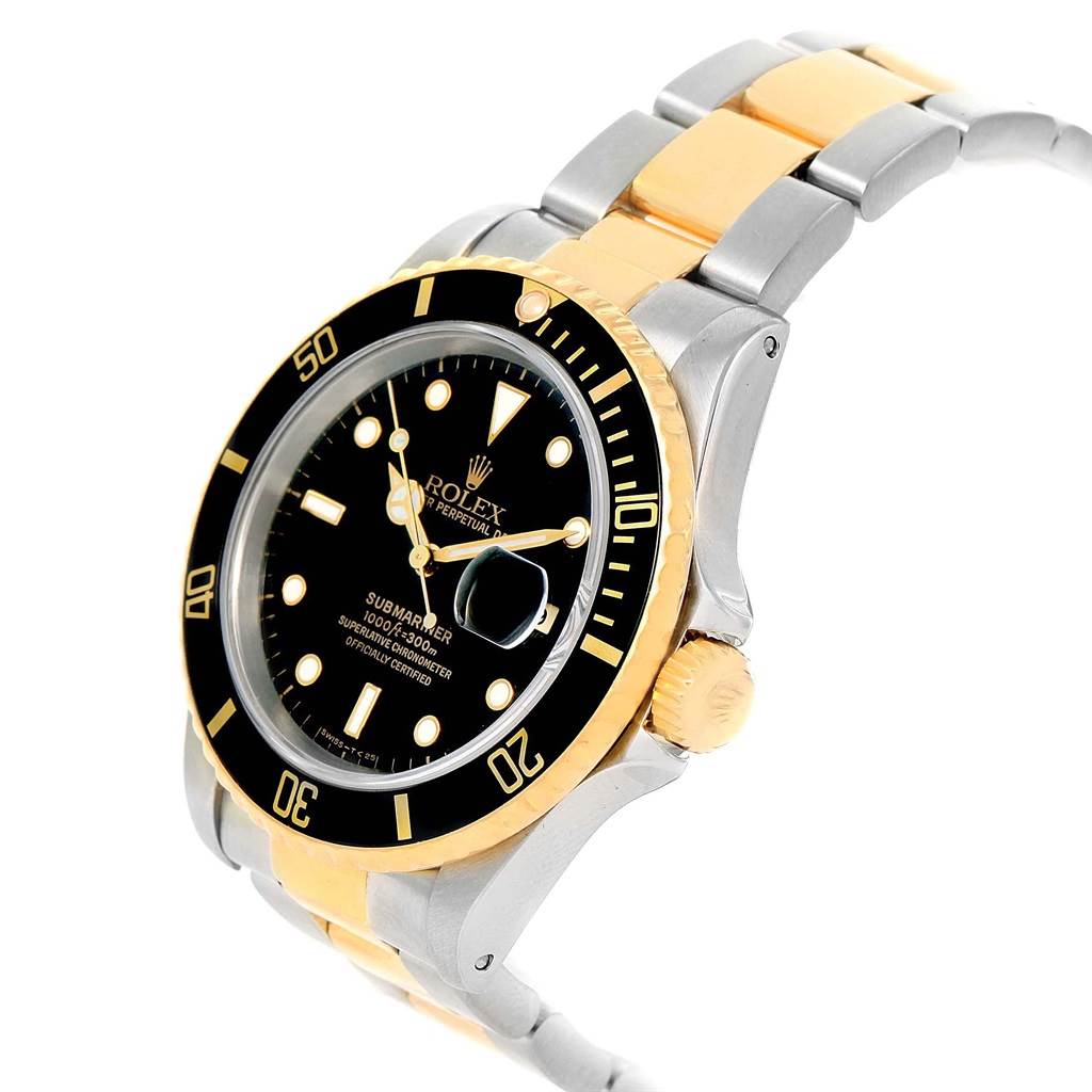The Rolex Submariner 16613 Men's Steel and Gold (two tone) Black Dial 16613 Men's Steel and Gold (two tone) Black Dial watch is shown at a slight angle displaying the face, bezel, crown, and two-tone bracelet.