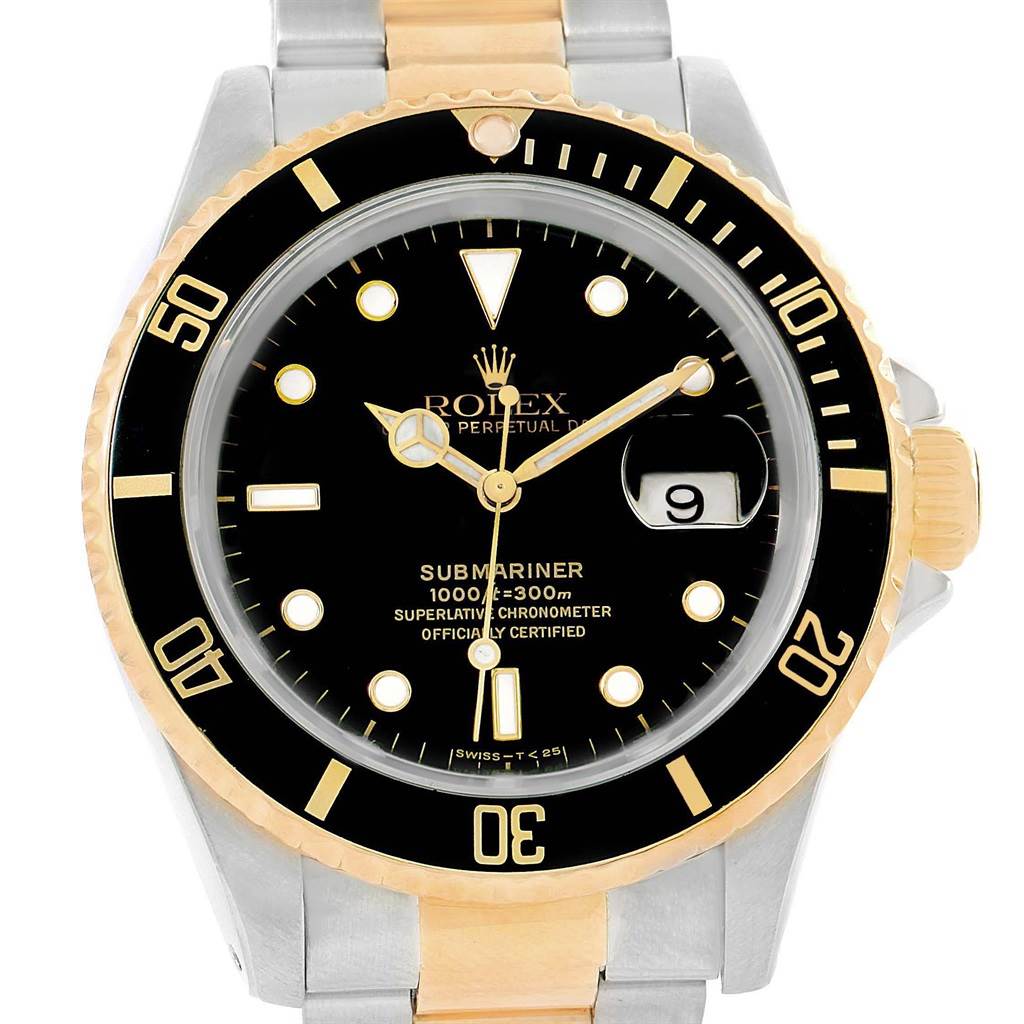 The image shows a front view of a Rolex Submariner 16613 Men's Steel and Gold (two tone) Black Dial 16613 Men's Steel and Gold (two tone) Black Dial watch, highlighting the bezel, dial, hands, date window, and part of the bracelet.