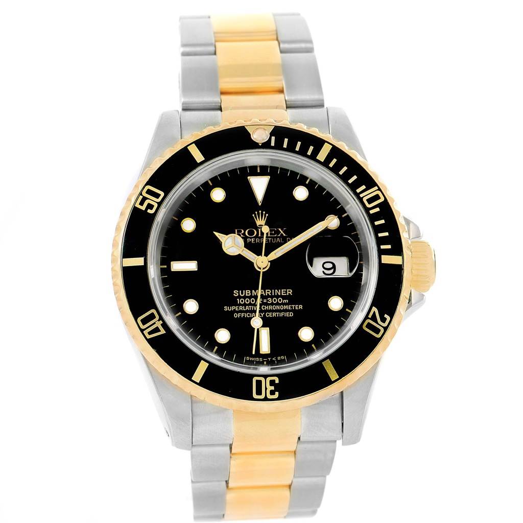 The image shows a front view of a Rolex Submariner 16613 Men's Steel and Gold (two tone) Black Dial 16613 Men's Steel and Gold (two tone) Black Dial watch, highlighting its black dial, two-tone bezel, and metal band.