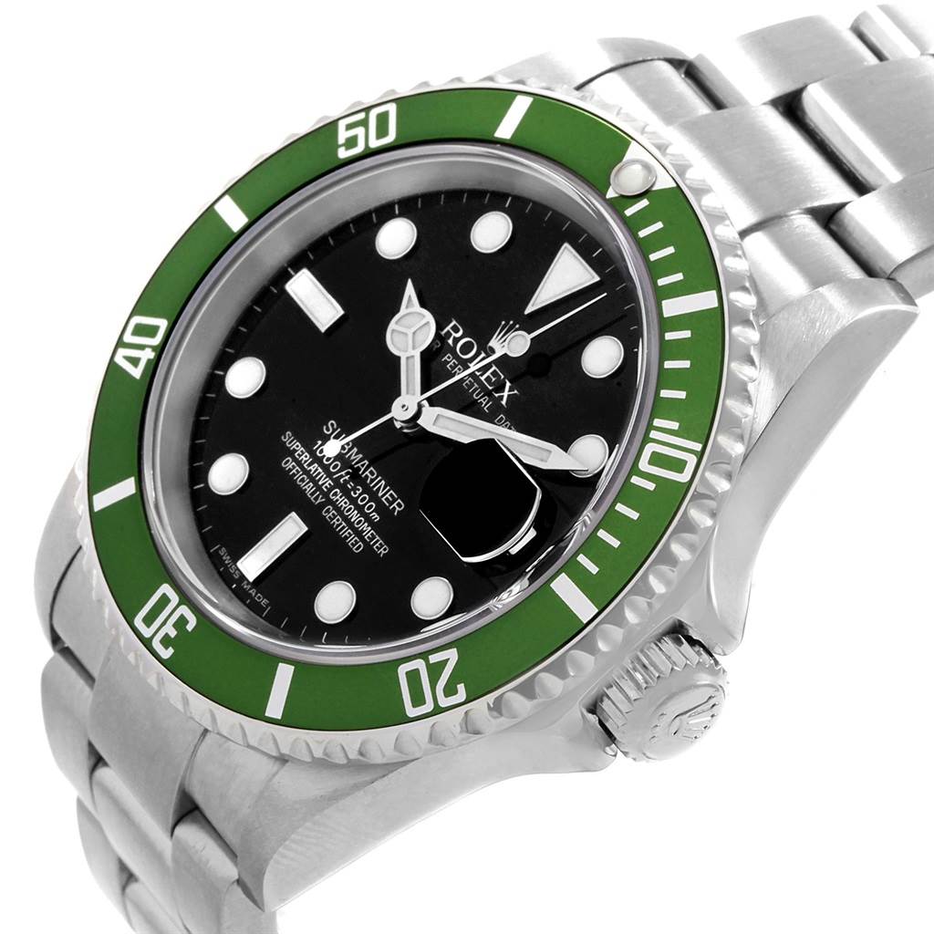 The image shows a Rolex Submariner 16610LV Men's Stainless Steel Black Dial 16610LV Men's Stainless Steel Black Dial watch at an angled top-down view, highlighting its green bezel, black dial, and metallic bracelet.