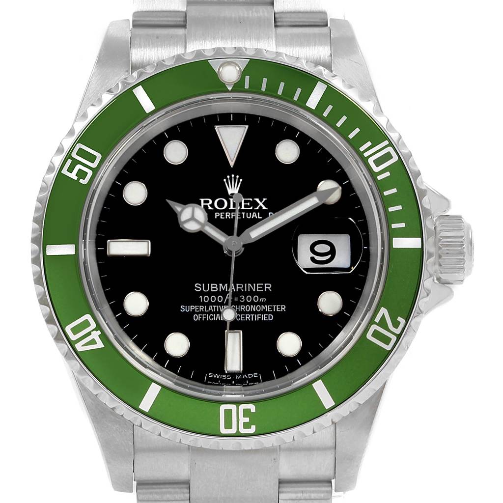 The image shows a front view of a Rolex Submariner 16610LV Men's Stainless Steel Black Dial 16610LV Men's Stainless Steel Black Dial with a green bezel, black dial, and date window at 3 o'clock.
