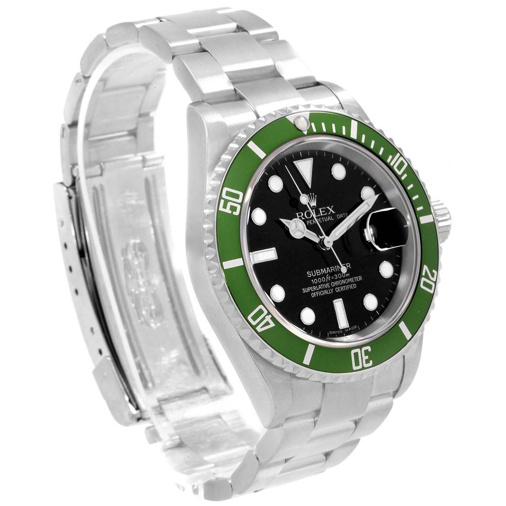 This image shows a Rolex Submariner 16610LV Men's Stainless Steel Black Dial 16610LV Men's Stainless Steel Black Dial watch at a three-quarter angle, highlighting the face, bezel, and part of the bracelet.