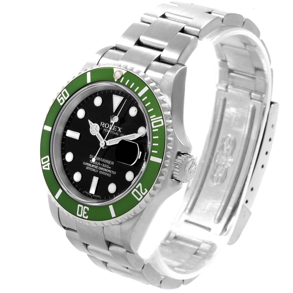 The image shows a Rolex Submariner 16610LV Men's Stainless Steel Black Dial 16610LV Men's Stainless Steel Black Dial watch from a slight angled side view, displaying the dial, bezel, bracelet, and open clasp.