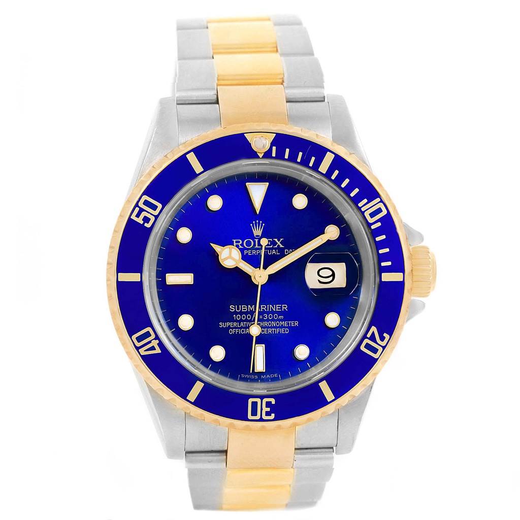 This image shows a front view of a Rolex Submariner 16613 Men's Steel and Gold (two tone) Blue Dial 16613 Men's Steel and Gold (two tone) Blue Dial watch, highlighting its blue dial, bezel, and two-tone bracelet.