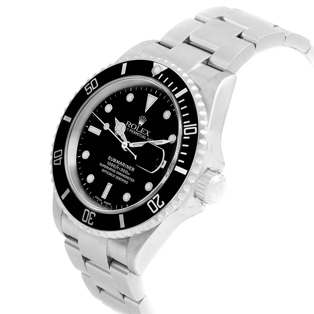 The image shows a Rolex Submariner 16610 Men
s Stainless Steel Black Dial 16610 Men
s Stainless Steel Black Dial watch from a three-quarter angle, displaying the dial, bezel, crown, and part of the bracelet.