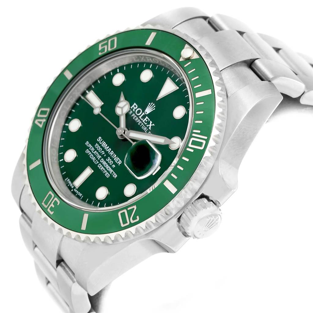 The image shows the face, bezel, crown, and part of the bracelet of a Rolex Submariner 116610LV Men
s Stainless Steel Green Dial 116610LV Men
s Stainless Steel Green Dial watch from an angled side view.