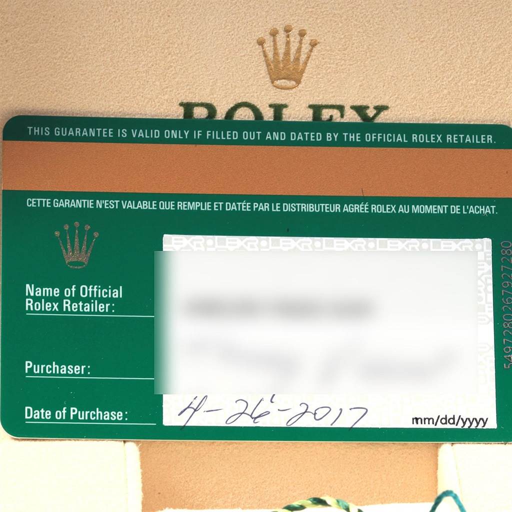 This image shows the official warranty card for a Rolex Submariner 116610LV Men
s Stainless Steel Green Dial 116610LV Men
s Stainless Steel Green Dial watch, including details about the retailer, purchaser, and date of purchase.