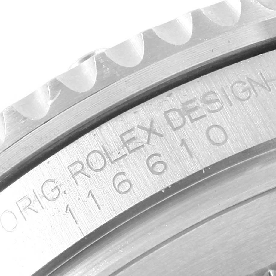 This close-up image shows the case side and engraved model number of a Rolex Submariner 116610LV Men
s Stainless Steel Green Dial 116610LV Men
s Stainless Steel Green Dial 116610.