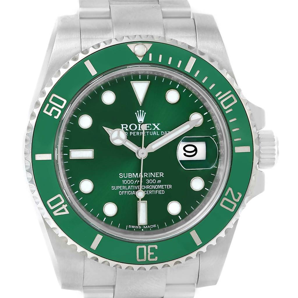This image shows a front view of a Rolex Submariner 116610LV Men
s Stainless Steel Green Dial 116610LV Men
s Stainless Steel Green Dial with a green bezel and dial, displaying its bracelet, crown, and date.