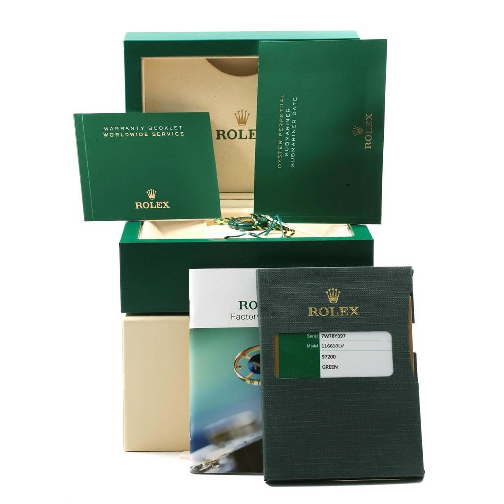 This image shows the packaging, instruction manuals, and warranty cards for the Rolex Submariner 116610LV Men
s Stainless Steel Green Dial 116610LV Men
s Stainless Steel Green Dial watch model.