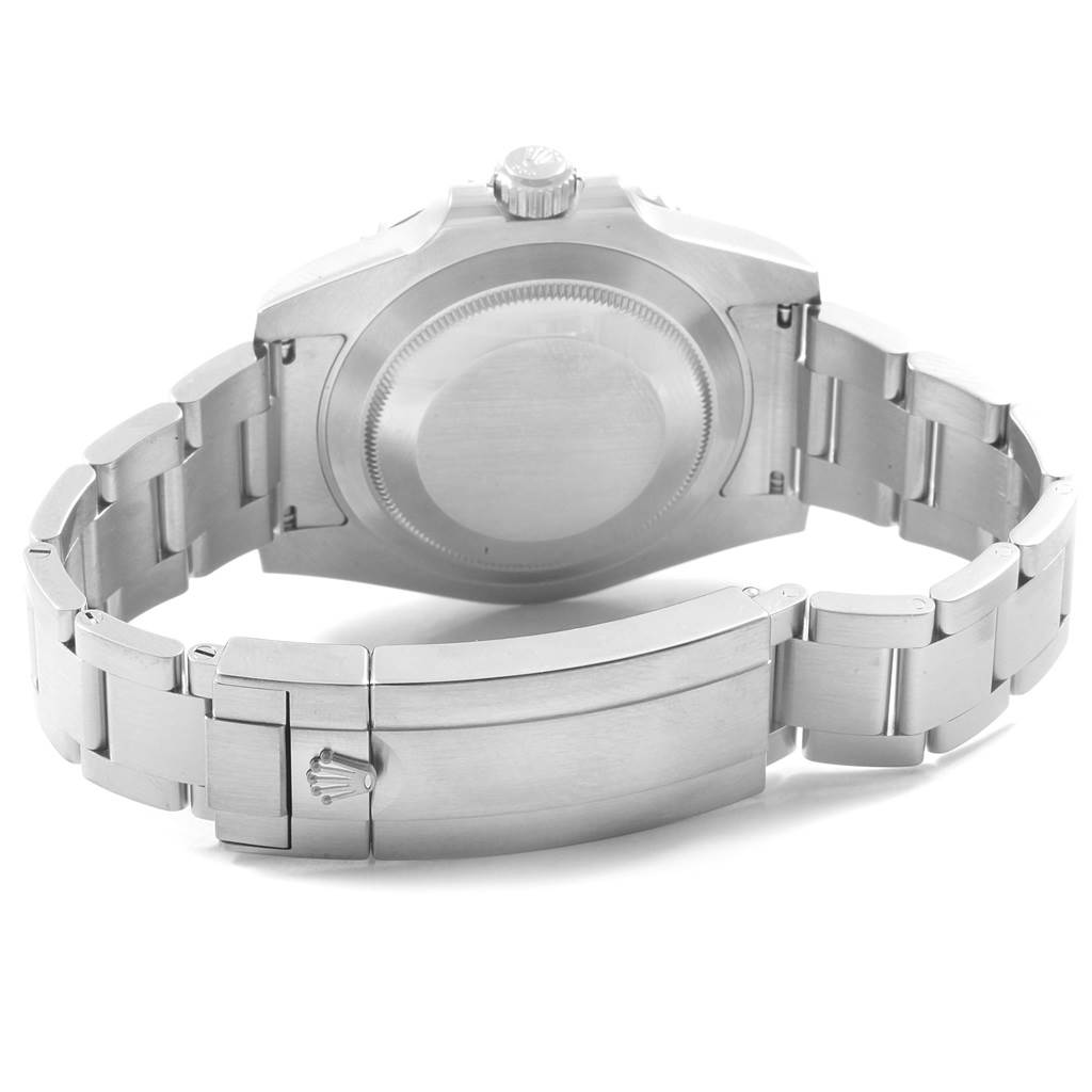 This image shows the back case and bracelet clasp of a Rolex Submariner 116610LV Men
s Stainless Steel Green Dial 116610LV Men
s Stainless Steel Green Dial watch from a rear angle.