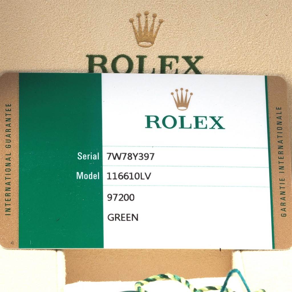 The image shows the guarantee card of a Rolex Submariner 116610LV Men
s Stainless Steel Green Dial 116610LV Men
s Stainless Steel Green Dial model 116610LV.