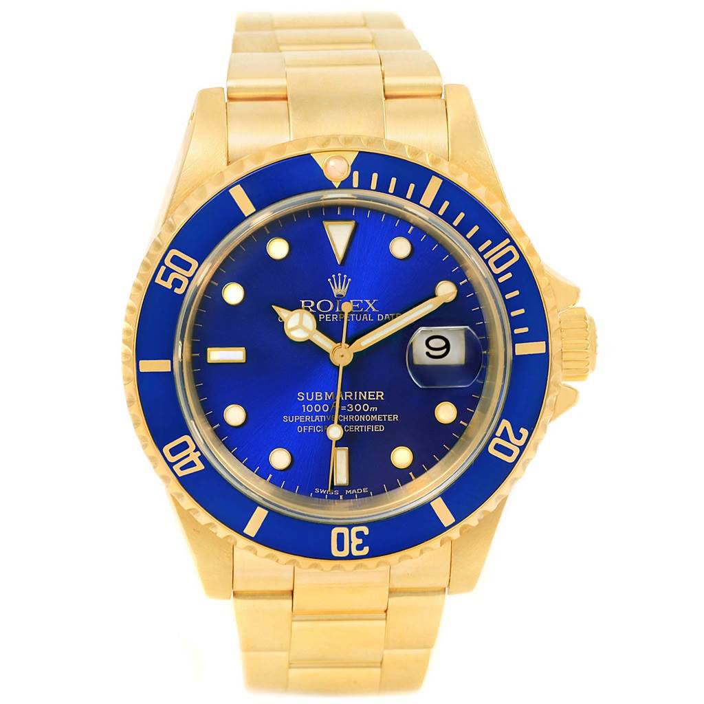 The image shows a front view of a Rolex Submariner 16618 Men's Yellow Gold Blue Dial 16618 Men's Yellow Gold Blue Dial watch, displaying the dial, bezel, crown, and bracelet.