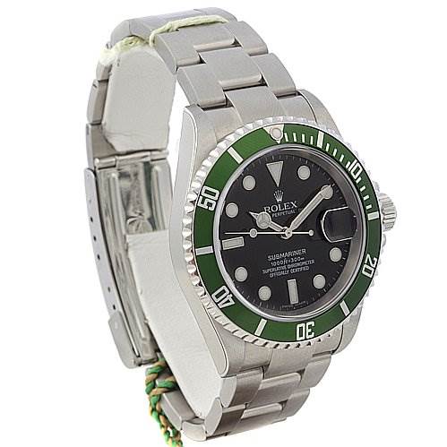 The image shows a Rolex Submariner 16610LV Men's Stainless Steel Black Dial 16610LV Men's Stainless Steel Black Dial watch viewed at an angle that displays the face, bezel, crown, and part of the bracelet.