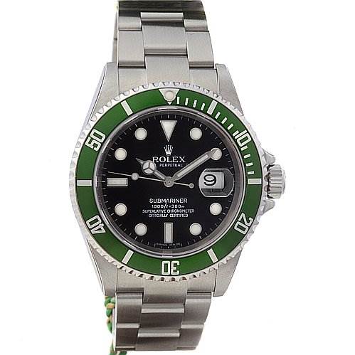 The image shows a front view of a Rolex Submariner 16610LV Men's Stainless Steel Black Dial 16610LV Men's Stainless Steel Black Dial watch, featuring a green bezel, black dial, and stainless steel bracelet.