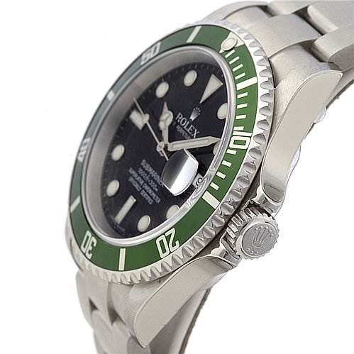 The image shows a side angle of a Rolex Submariner 16610LV Men's Stainless Steel Black Dial 16610LV Men's Stainless Steel Black Dial watch, highlighting the bezel, crown, and portion of the bracelet.