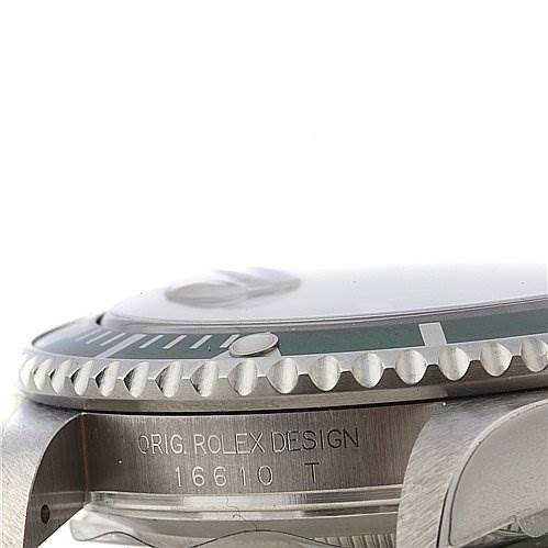This image shows a close-up side view of the case, bezel, and model engraving of a Rolex Submariner 16610LV Men's Stainless Steel Black Dial 16610LV Men's Stainless Steel Black Dial watch.