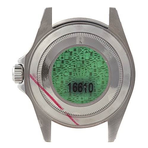 This image shows the back side of the Rolex Submariner 16610LV Men's Stainless Steel Black Dial 16610LV Men's Stainless Steel Black Dial watch case, specifically displaying its rear view and model number 16610.