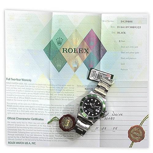 The image displays a Rolex Submariner 16610LV Men's Stainless Steel Black Dial 16610LV Men's Stainless Steel Black Dial watch on documentation, showing the face, strap, and tags.