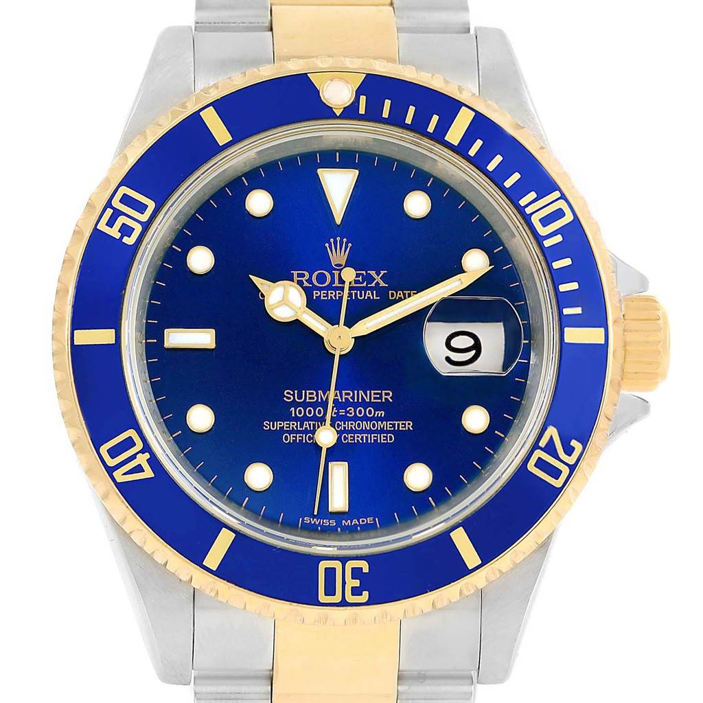 The image shows a front view of a Rolex Submariner 16613 Men's Steel and Gold (two tone) Blue Dial 16613 Men's Steel and Gold (two tone) Blue Dial, highlighting its blue dial, bezel, and two-toned bracelet and crown.