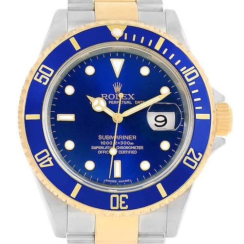 Photo of Rolex Submariner Blue Dial Steel 18K Yellow Gold Mens Watch 16613 Box
