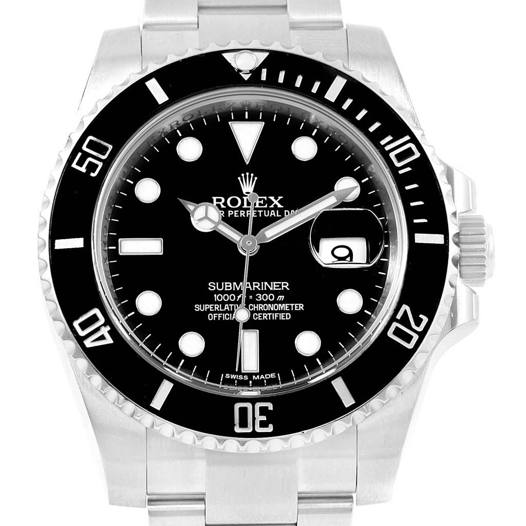 This is a head-on view of the Rolex Submariner 116610 Men's Stainless Steel Black Dial 116610 Men's Stainless Steel Black Dial watch, displaying the dial, bezel, hands, and part of the bracelet.