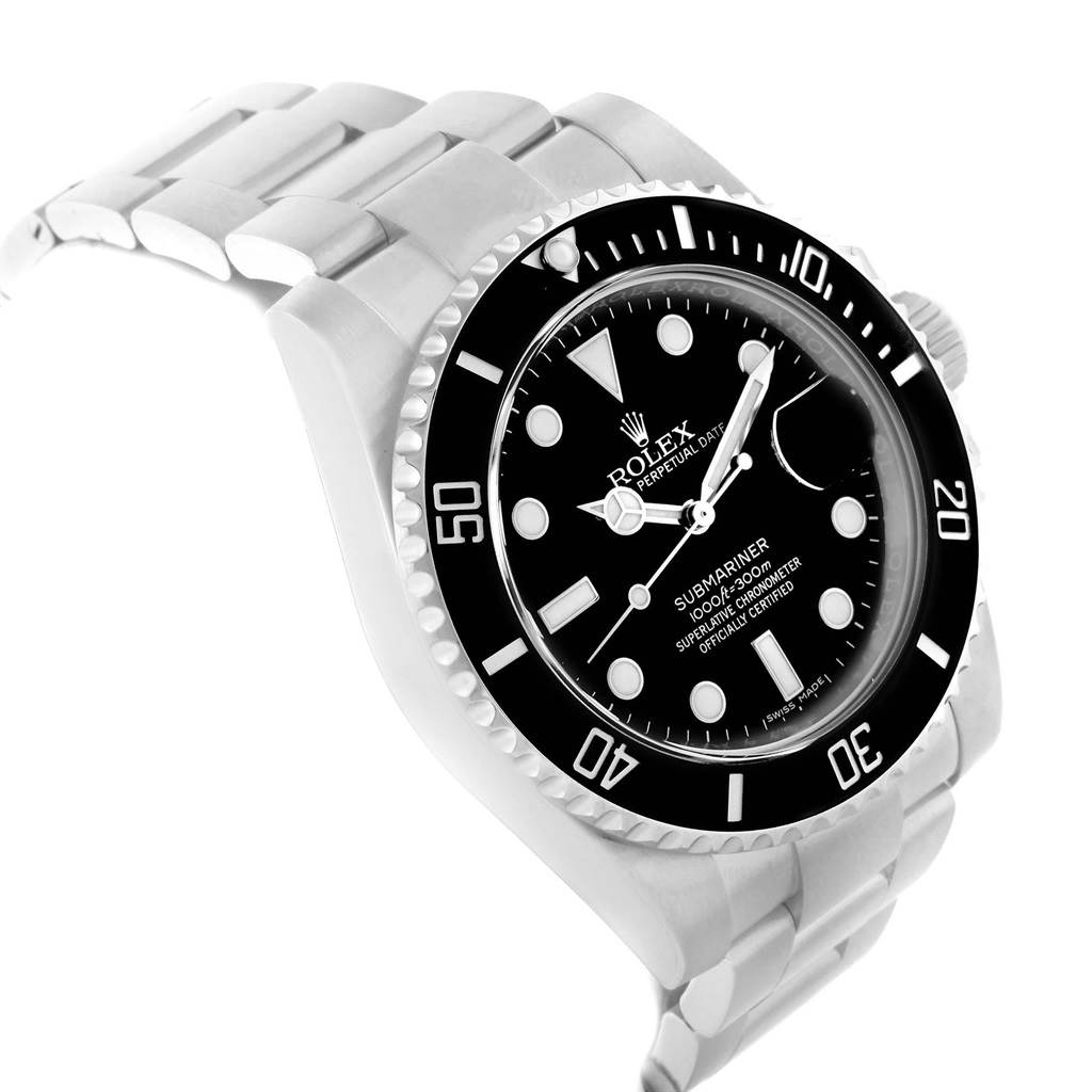 The image shows a Rolex Submariner 116610 Men's Stainless Steel Black Dial 116610 Men's Stainless Steel Black Dial watch from a slight side angle, highlighting the black dial, bezel, and stainless steel bracelet.