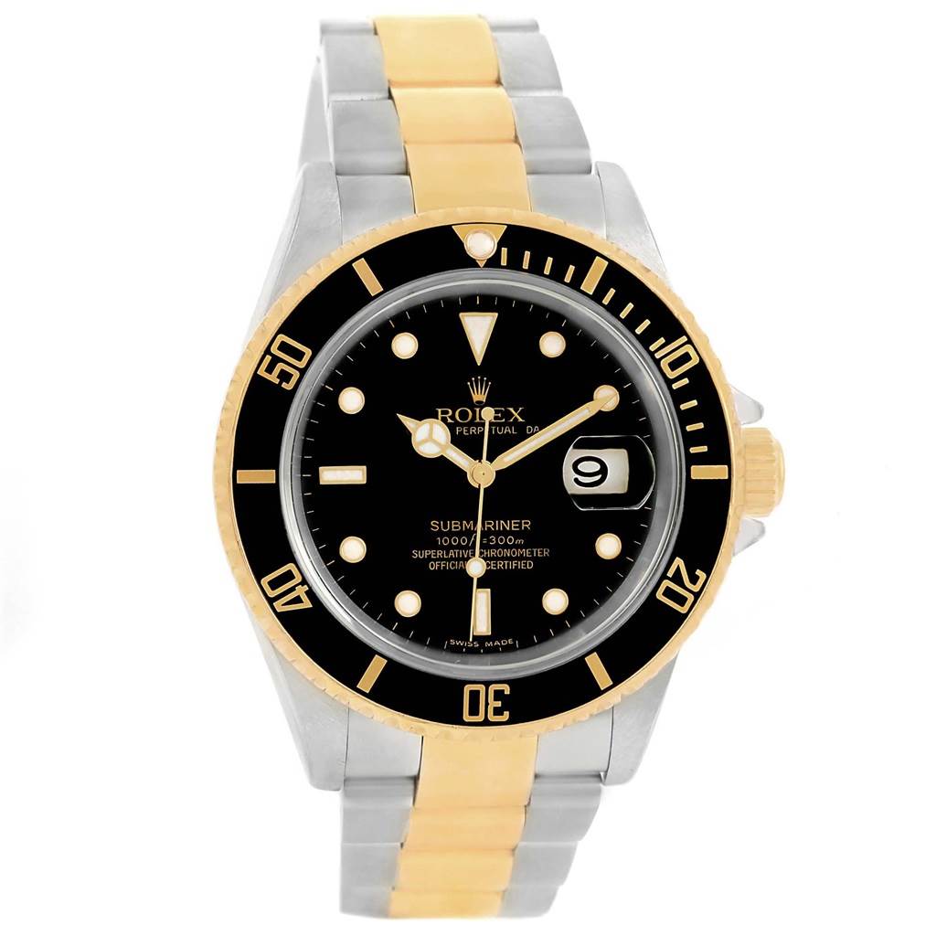 The image shows a Rolex Submariner 16613 Men's Steel and Gold (two tone) Black Dial 16613 Men's Steel and Gold (two tone) Black Dial watch in a front view, highlighting its black dial, gold-tone bezel, and two-tone bracelet.