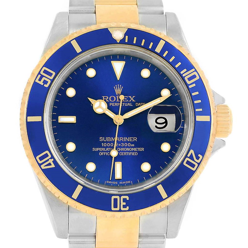 Rolex Submariner Blue Dial Bezel Steel Yellow Gold Watch 16613 Box Card SwissWatchExpo