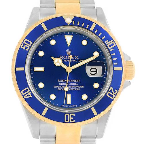 Photo of Rolex Submariner Blue Dial Bezel Steel Yellow Gold Watch 16613 Box Card