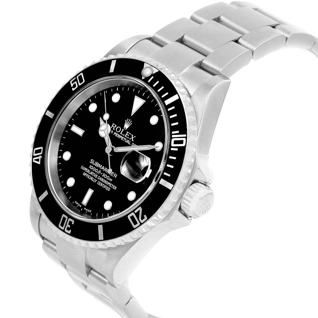 The image shows the face, bezel, crown, and part of the bracelet of a Rolex Submariner 16610 Men's Stainless Steel Black Dial 16610 Men's Stainless Steel Black Dial watch at an angled perspective.