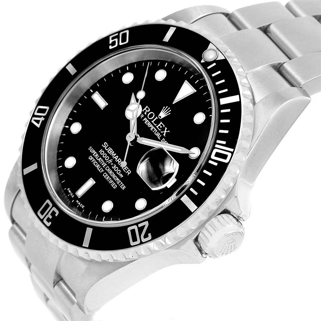 The image shows the Rolex Submariner 16610 Men's Stainless Steel Black Dial 16610 Men's Stainless Steel Black Dial watch at an angled close-up, highlighting the dial, bezel, crown, and part of the bracelet.