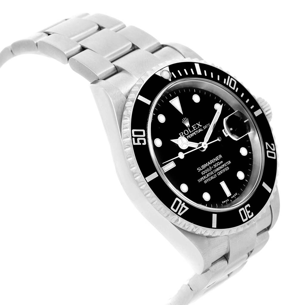 The photo shows a Rolex Submariner 16610 Men's Stainless Steel Black Dial 16610 Men's Stainless Steel Black Dial watch from an angled side view, highlighting the bezel, dial, and part of the bracelet.